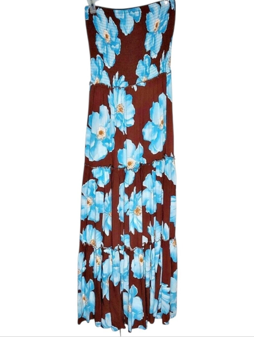 Abel The Label Brown Blue Floral Strapless Smocked Tiered Maxi Dress Vacation L